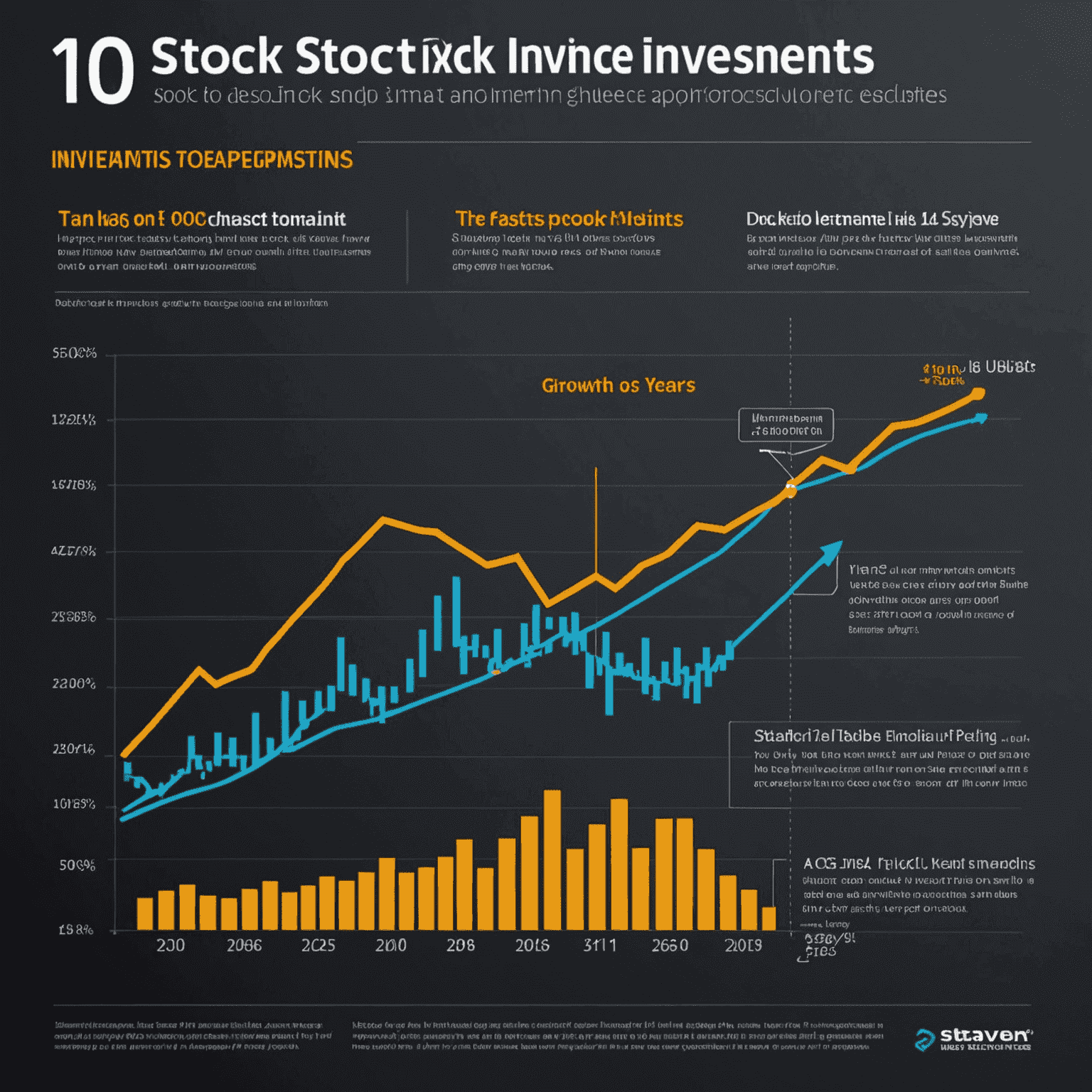 Инфографика, показывающая рост инвестиций в акции за последние 10 лет. График демонстрирует стабильный восходящий тренд с яркими точками, обозначающими ключевые моменты роста.