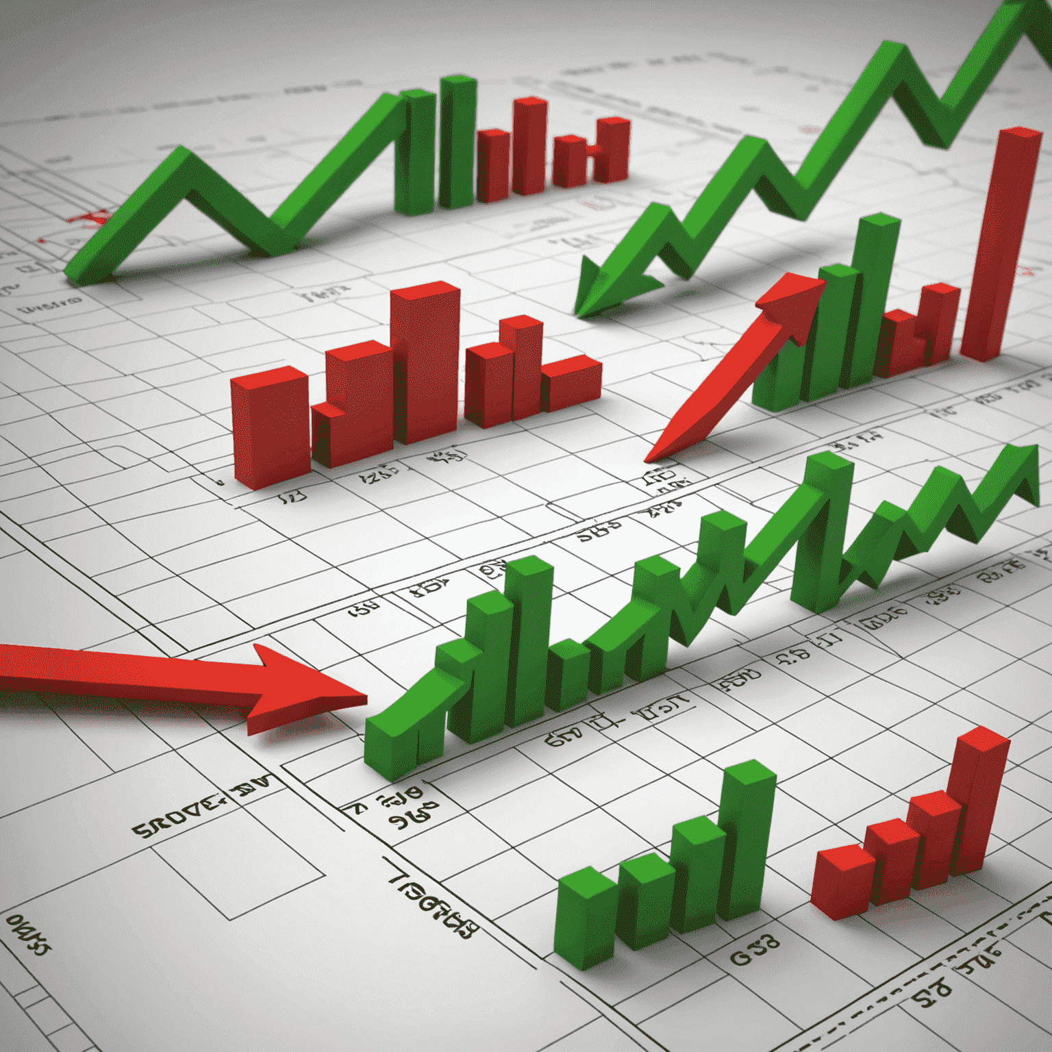 Графики и диаграммы, показывающие тенденции фондового рынка с зелеными и красными стрелками