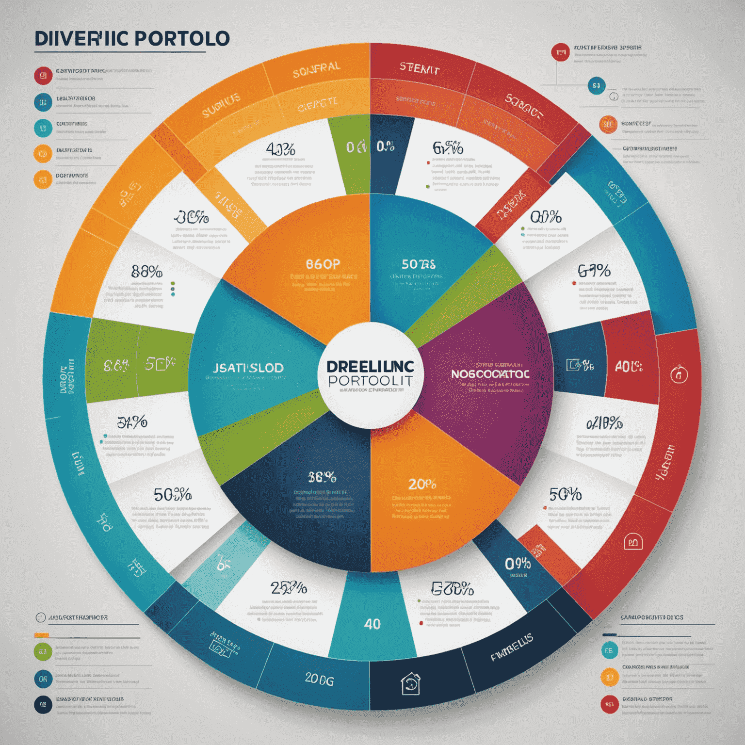Инфографика, показывающая диверсифицированный портфель акций с различными секторами экономики, представленными в виде красочных сегментов круговой диаграммы