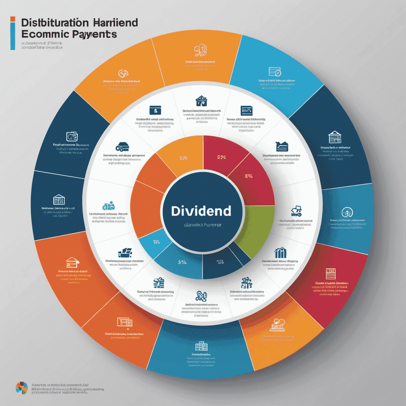 Инфографика, демонстрирующая распределение дивидендных выплат по секторам экономики. Круговая диаграмма с яркими секторами, показывающая, какие отрасли предлагают наиболее высокие дивиденды.
